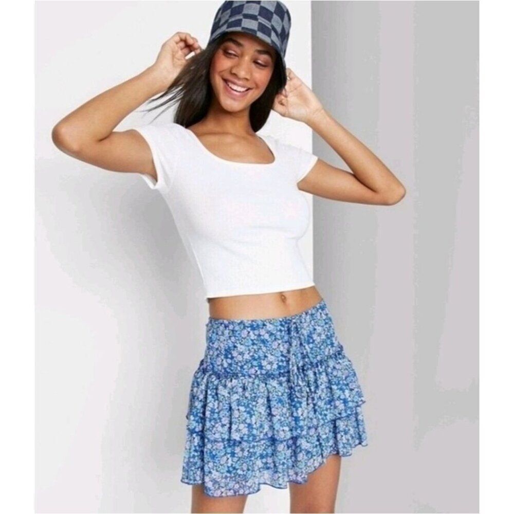 Wild Fable Womens Tiered Mini Skirt S Blue Floral Drawstring Waist Cottagecore